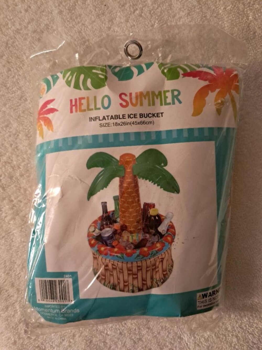 Hello Summer inflatable palm tree ice bucket approximately 18x26 inches